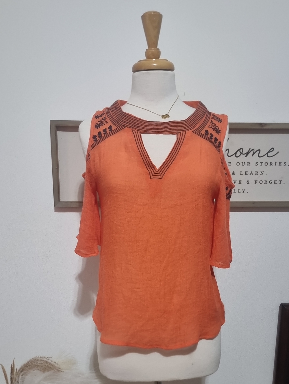 Women's Orange Cold-Shoulder Embroidered V-Neck Top